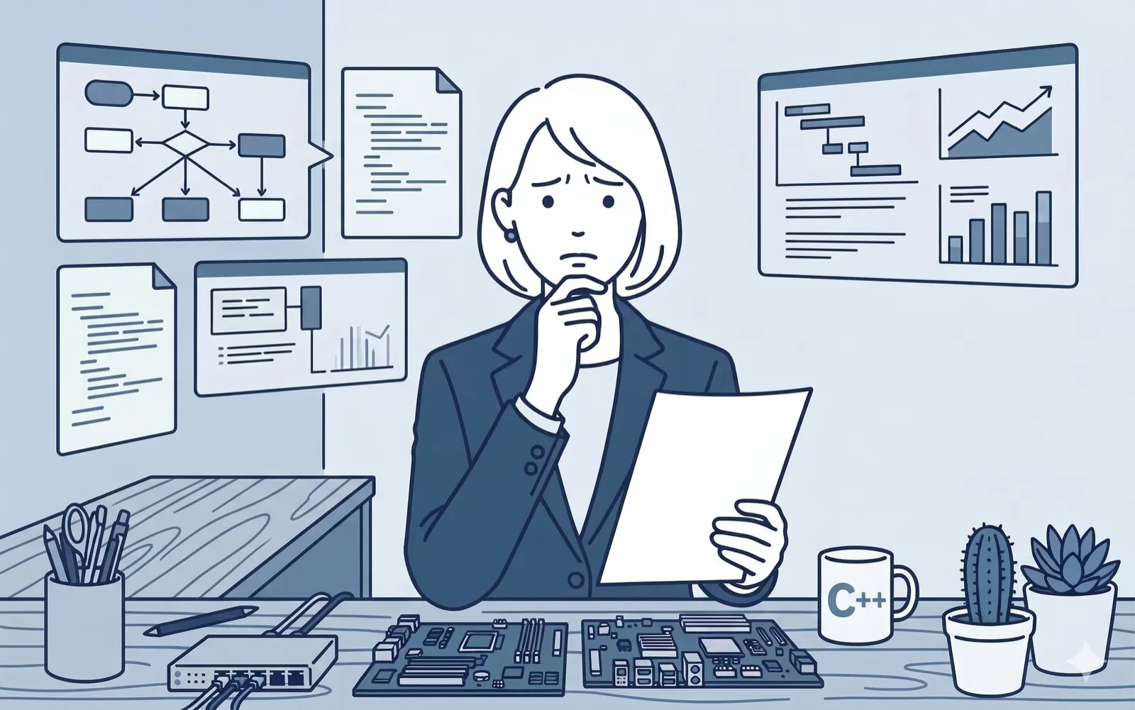 エンジニアがPCに向かい考え込む