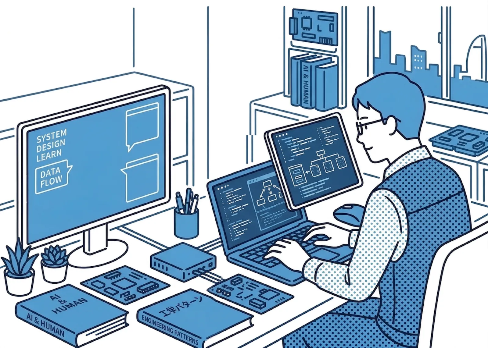 ホワイトボードに図を書くエンジニア